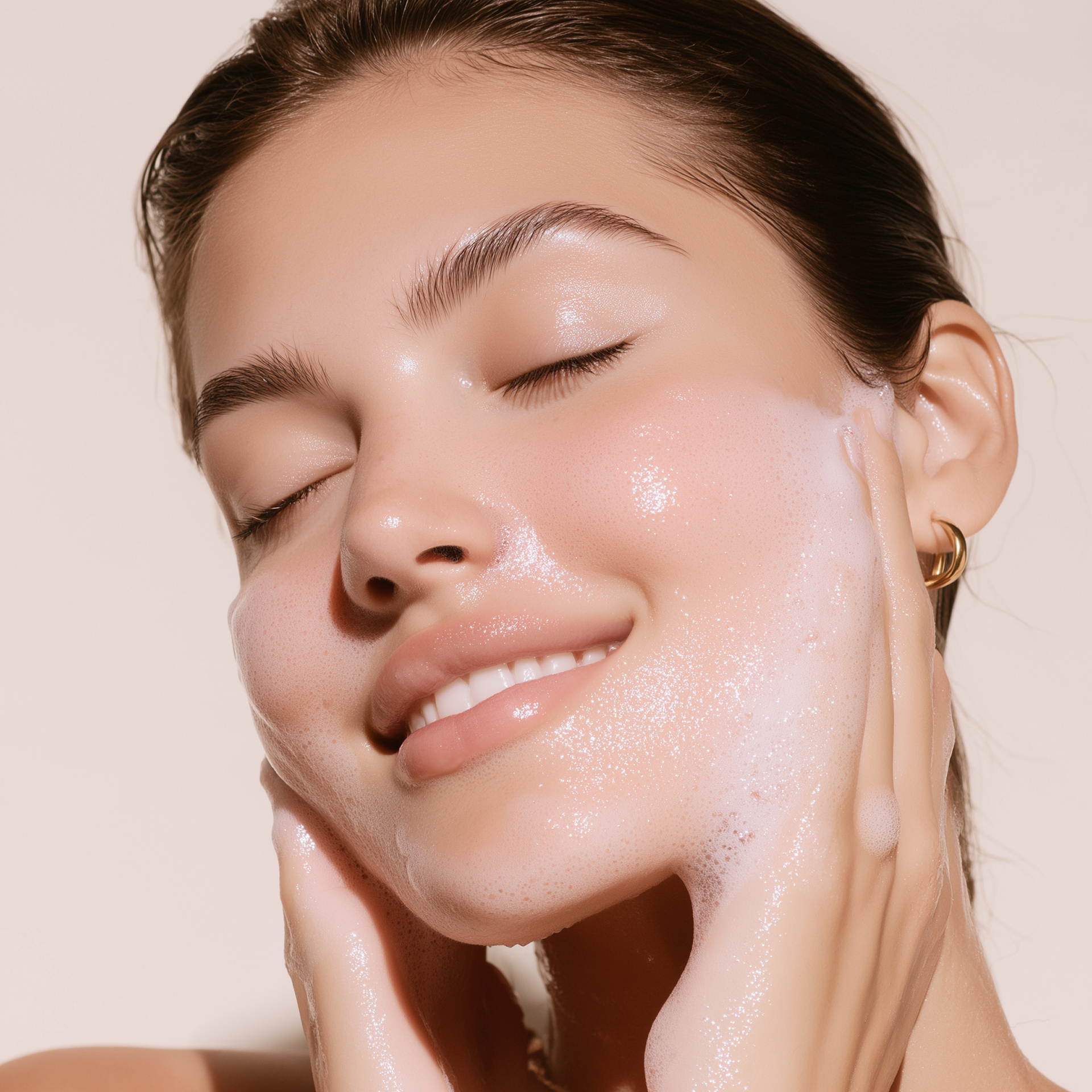 A person with closed eyes gently massages facial cleanser into their skin, showing a calm expression.