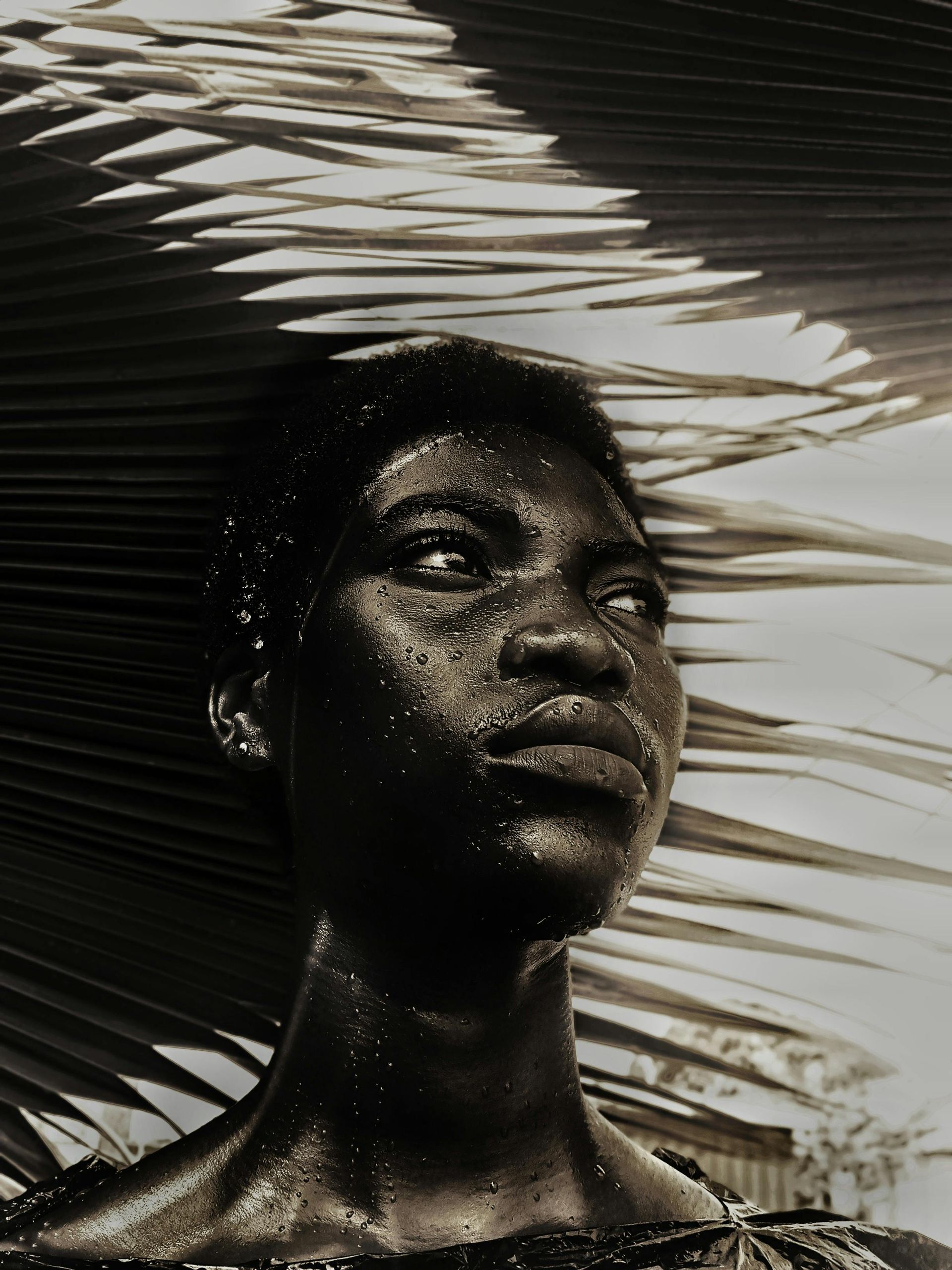 Portrait of a person in dappled light, looking upward beneath palm leaves