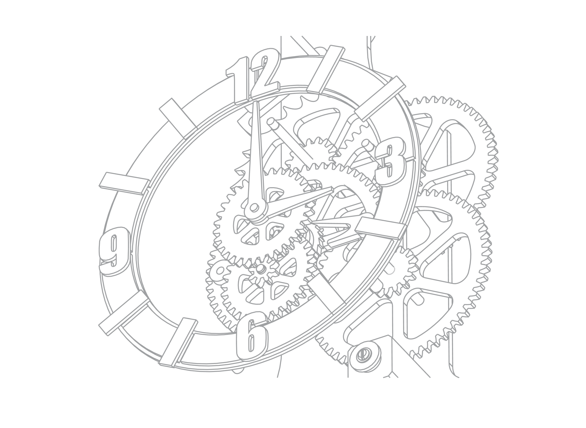 Croquis technique d'engrenages d'horlogerie et de cadrans de montre entrelacés dans un dessin monochrome.