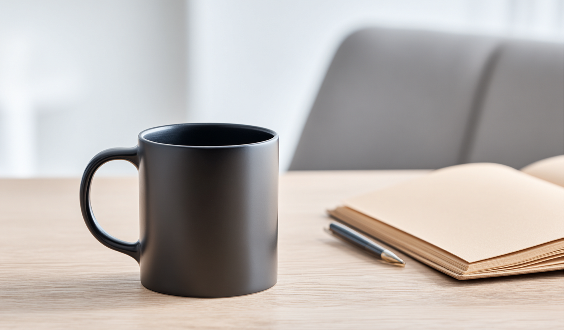 Tazza nera, quaderno aperto e penna su un tavolo di legno chiaro, con una sedia sullo sfondo.