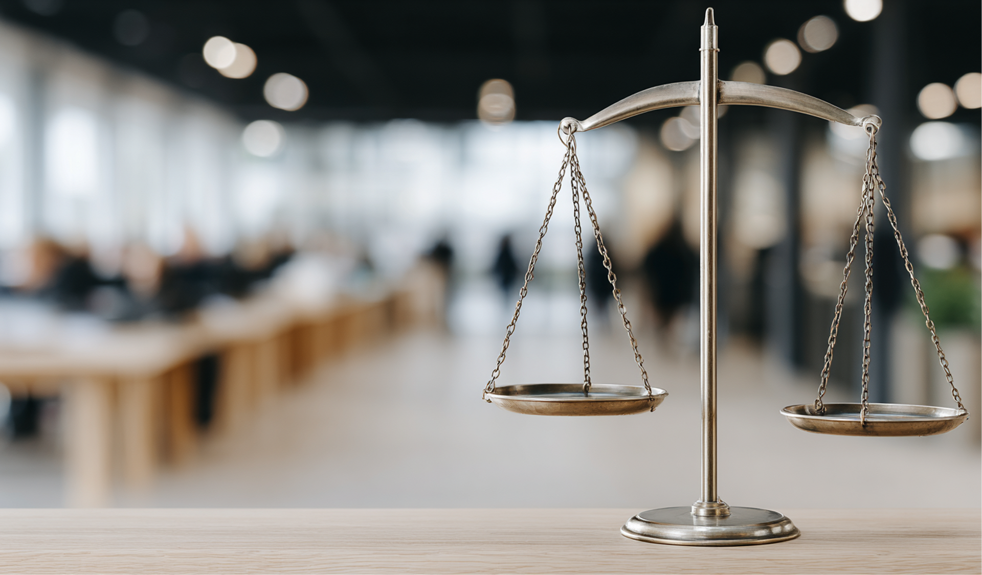 Bilancia della giustizia su una superficie di legno, sfondo sfocato dell'ufficio.