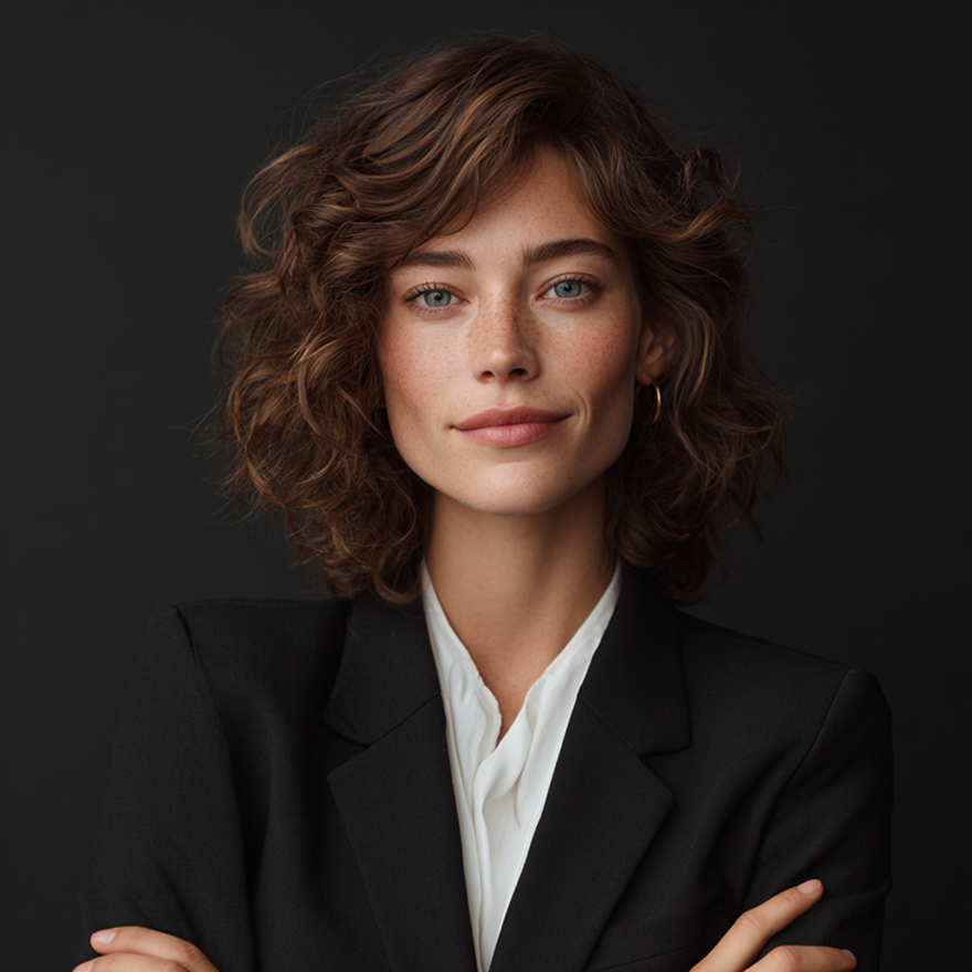 Ritratto in studio di una persona con capelli ricci, che indossa un blazer nero e una camicia bianca, con le braccia incrociate, su uno sfondo scuro.