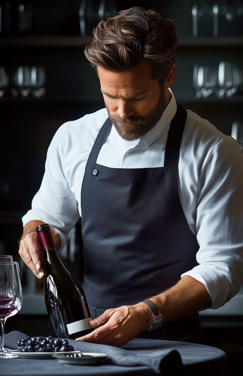 Chef in white shirt and black apron examines a wine bottle, dark setting.