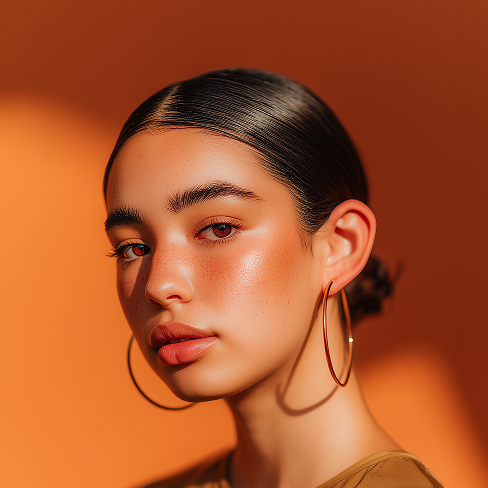 Portrait of a person with hoop earrings against a warm orange background, looking calmly at the camera