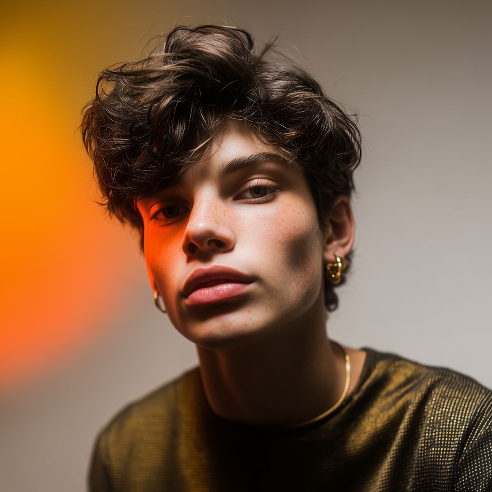 Close-up portrait of a person with curly hair and gold hoop earrings against a warm orange-gray background