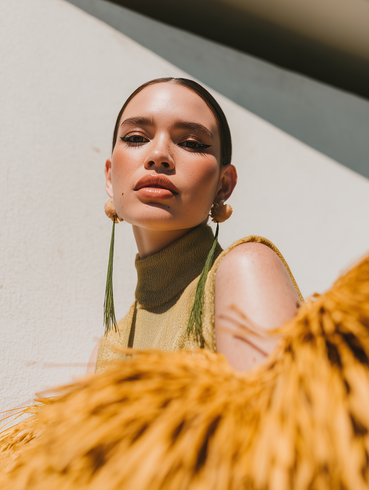 Portrait of a person in a gold top, with a blurred orange feathered foreground and sunlight on a white wall