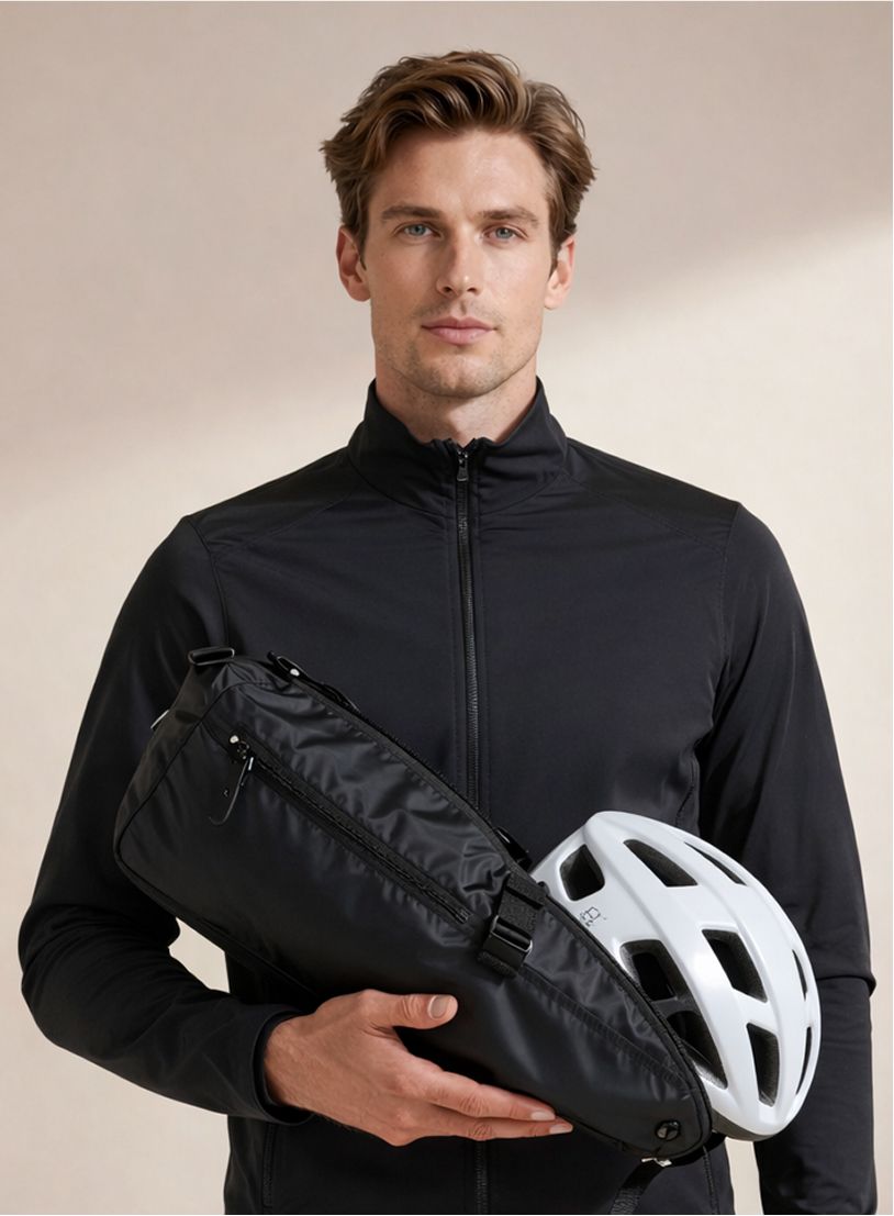 Man in black jacket holding a black bag and white bicycle helmet.