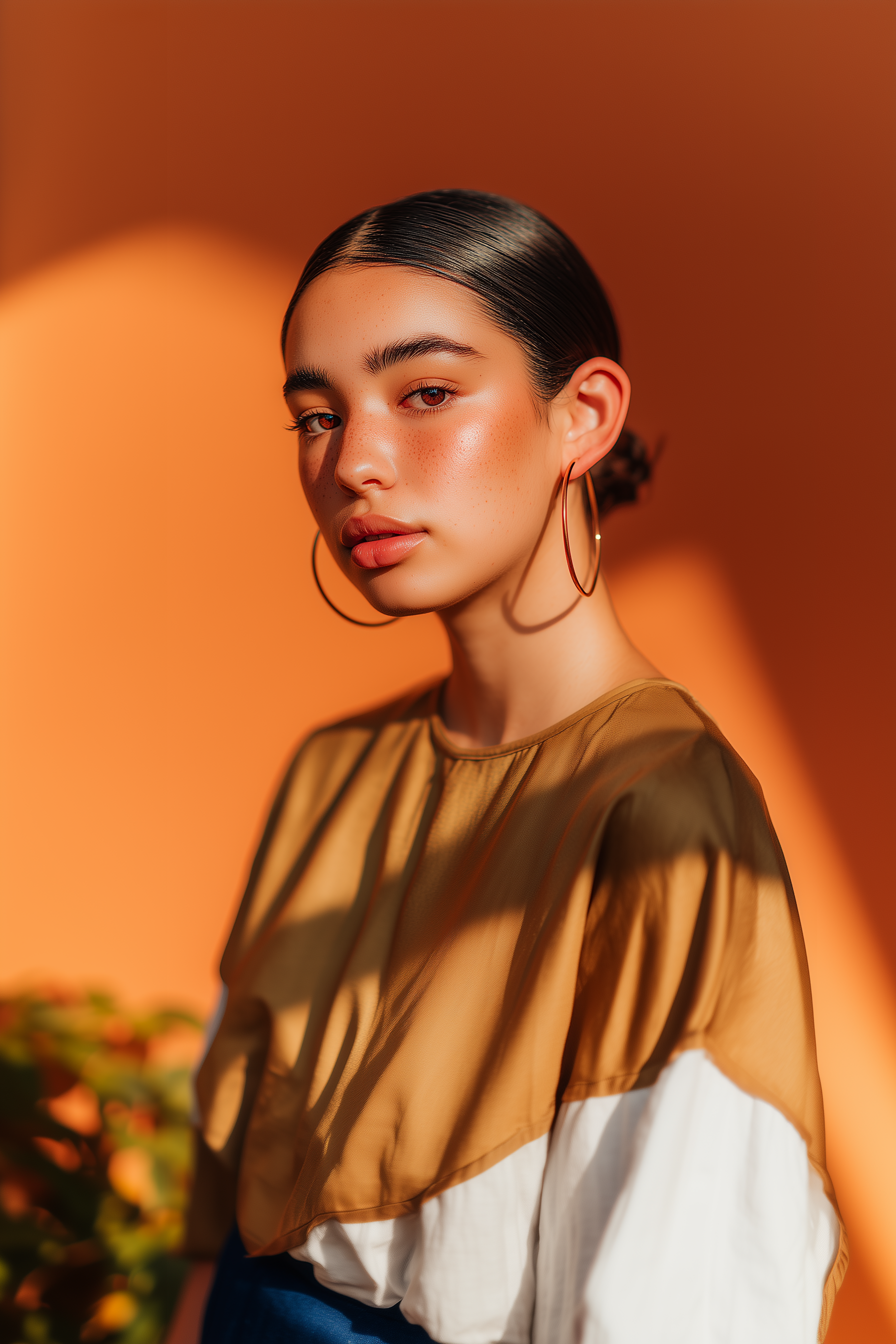 Portrait of a person in warm sunlight against an orange wall, wearing a tan and white top with large hoop earrings.