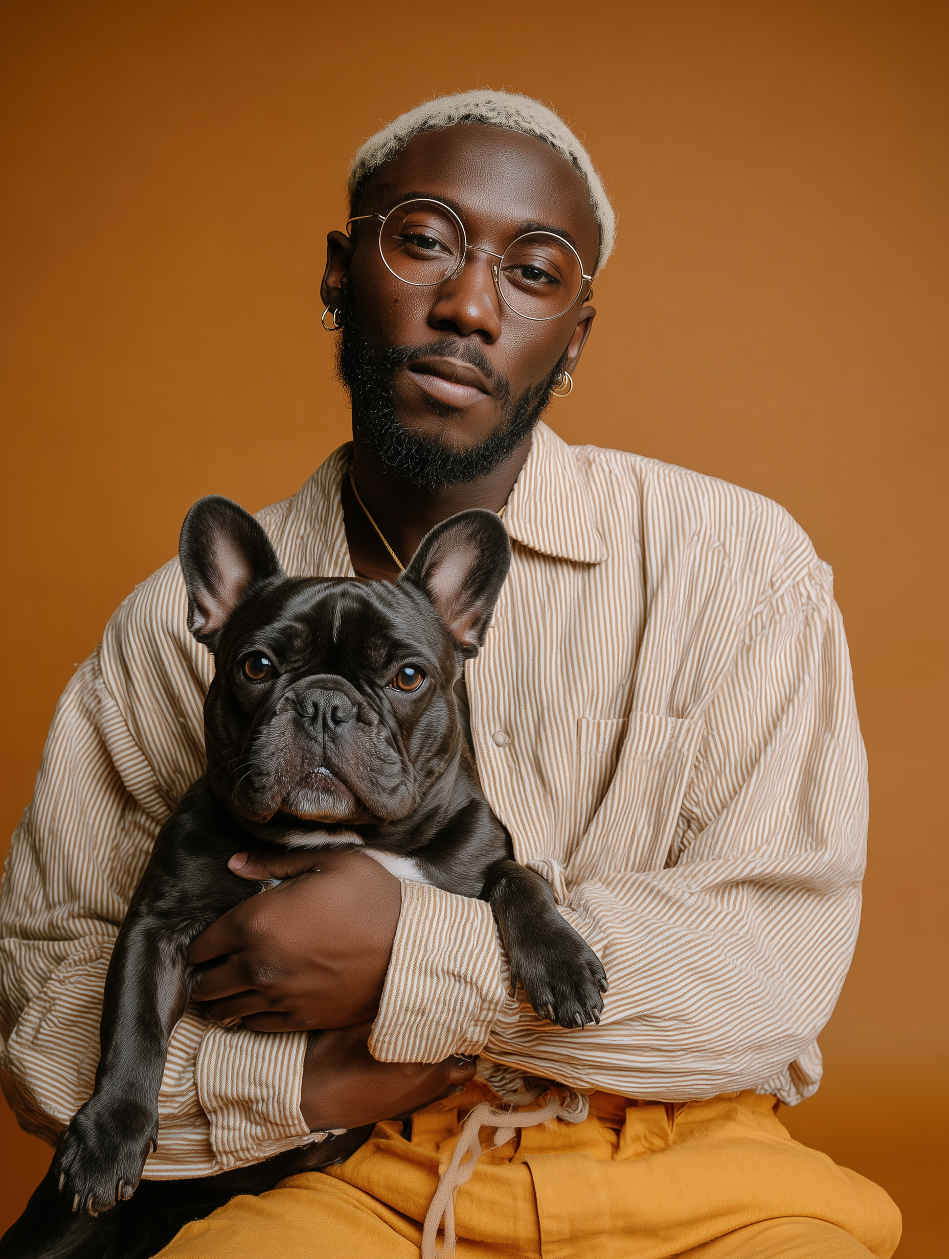 Man in striped shirt holding a black French bulldog against a warm brown background
