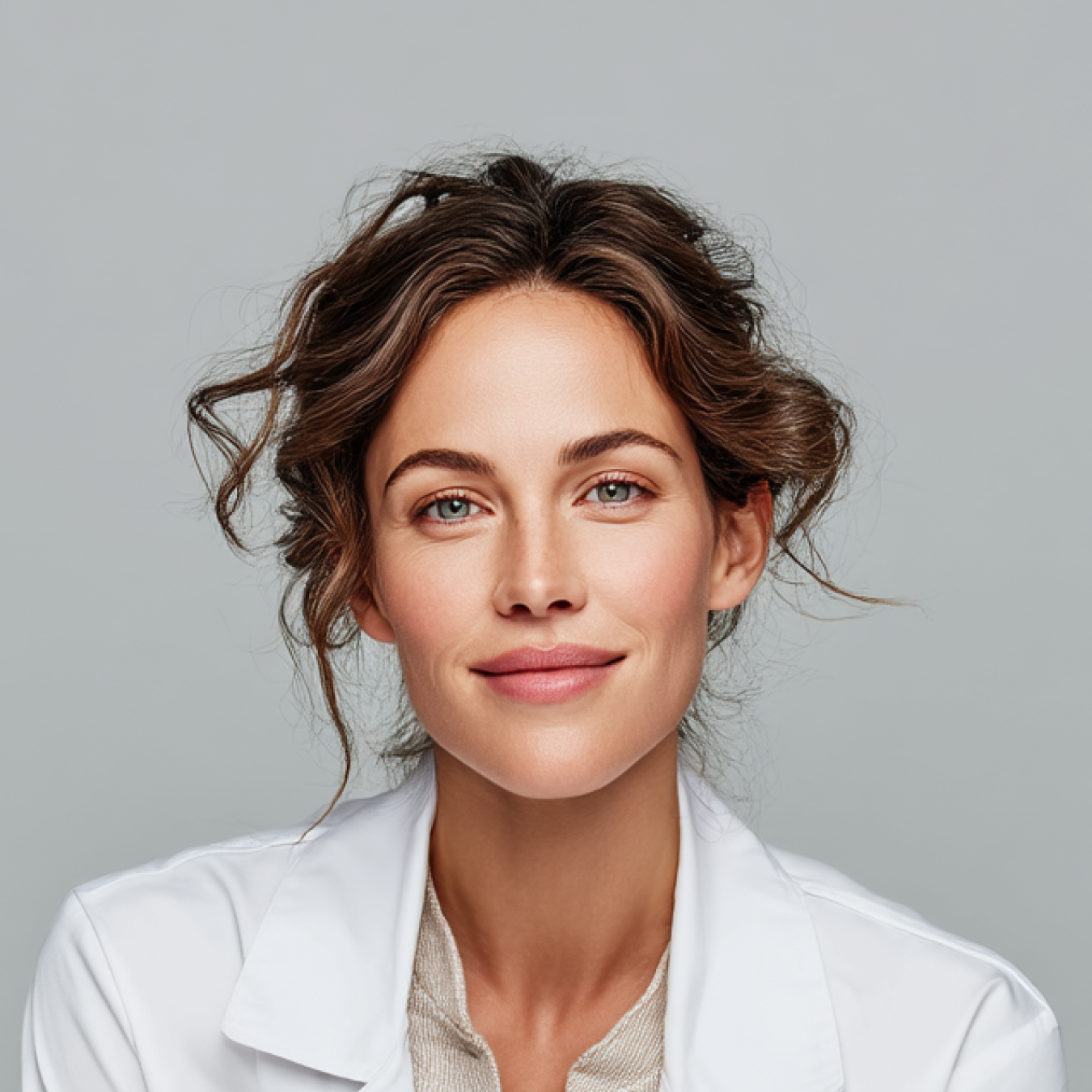 Portret van een lachende vrouw in een witte blouse tegen een lichtgrijze achtergrond.