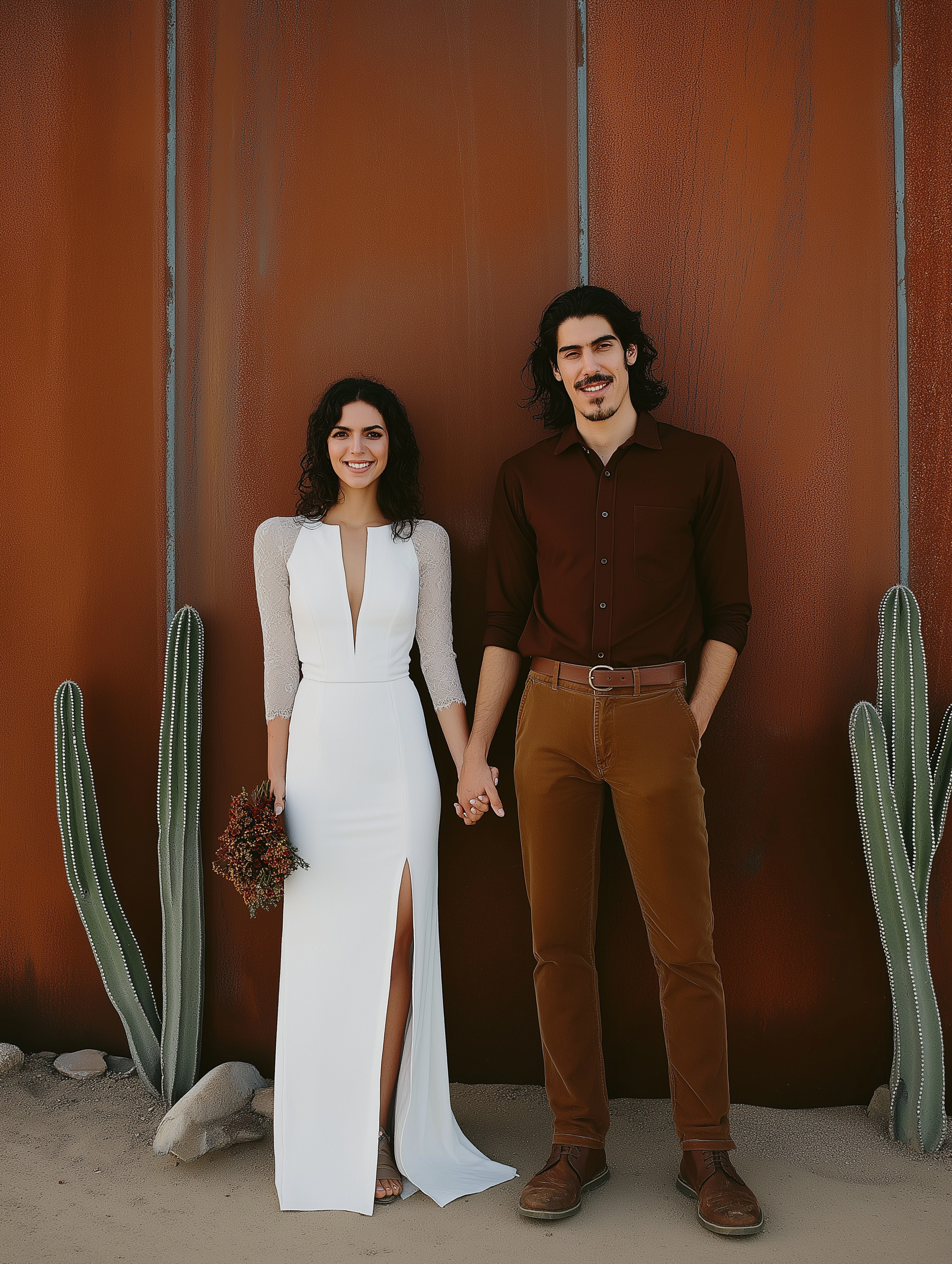 A bride and groom are holding hands in front of a rusty wall.