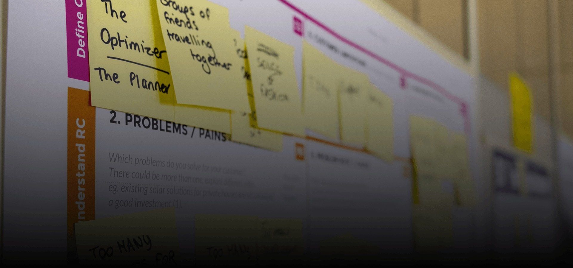 A wall with yellow sticky notes and a printed project board labeled “Problems” and “Criteria”