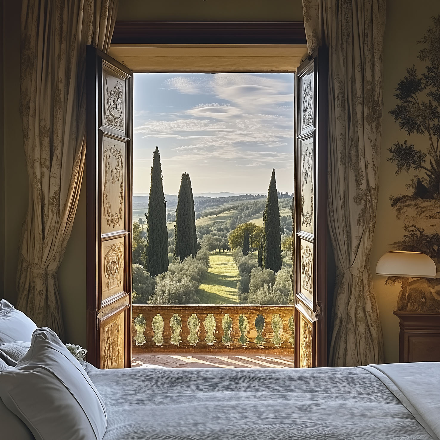 Bedroom with open doors framing a Tuscan landscape with tall cypress trees and a balcony.