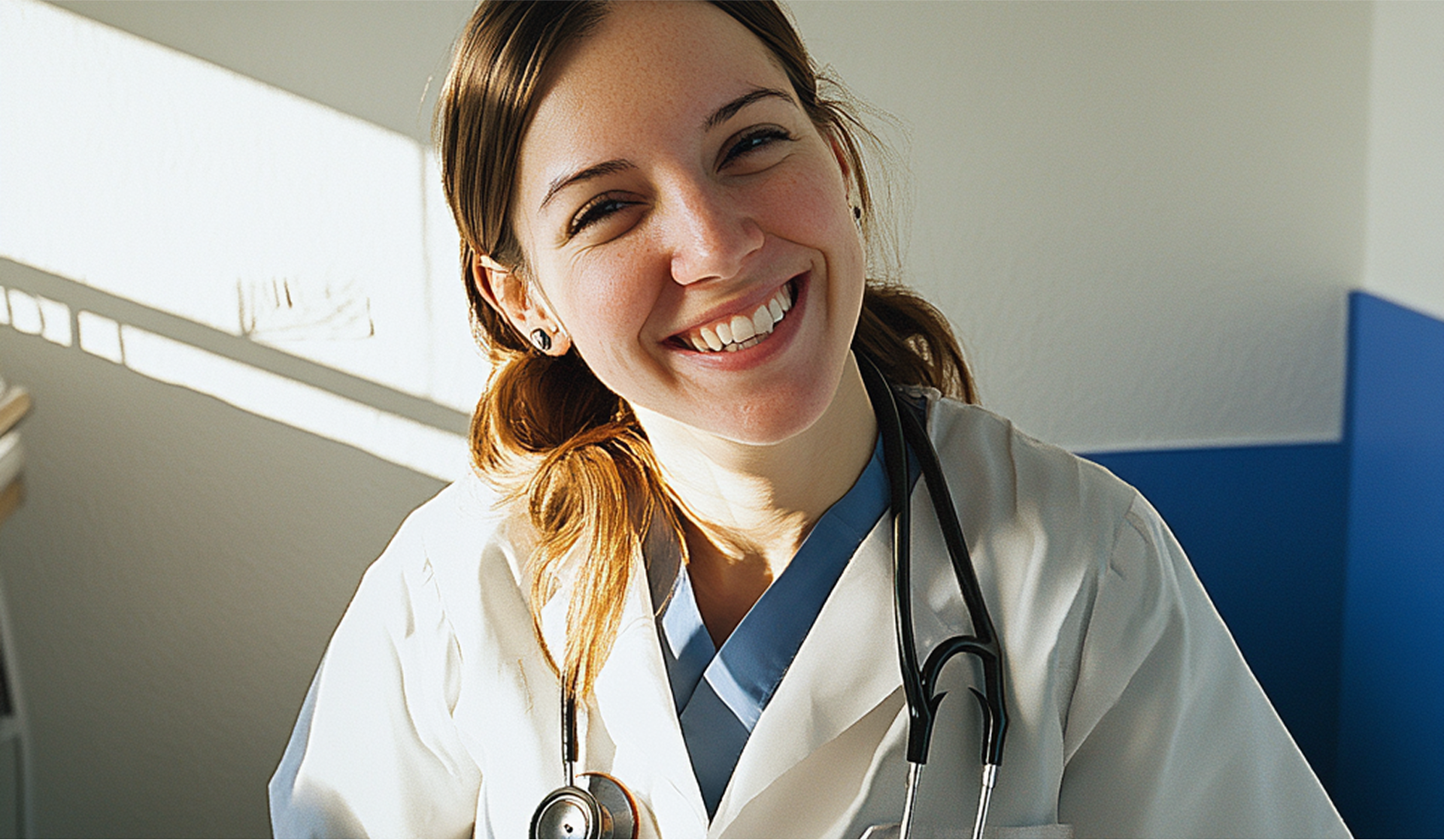 Smiling healthcare worker in white coat with stethoscope.