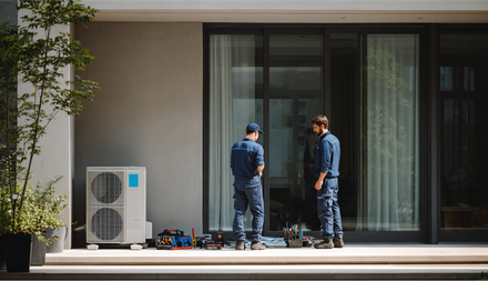 Two workers in blue uniforms stand on a patio beside tools, an HVAC unit, and a sliding glass door.