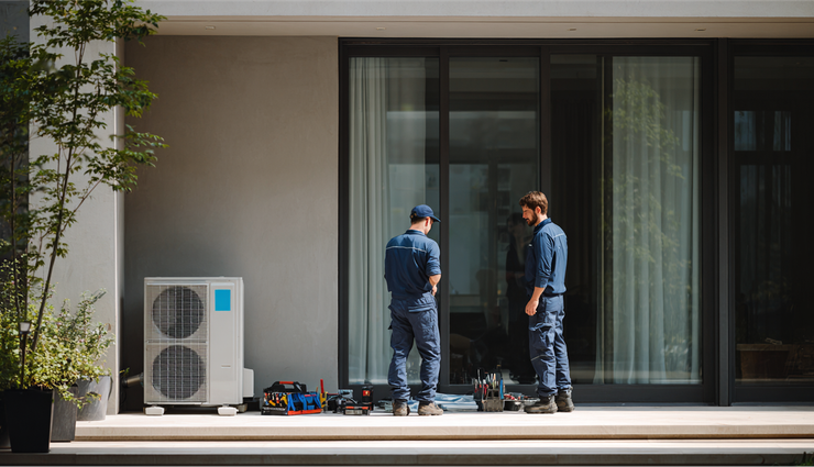 Two workers in blue uniforms stand on a patio beside tools, an HVAC unit, and a sliding glass door.