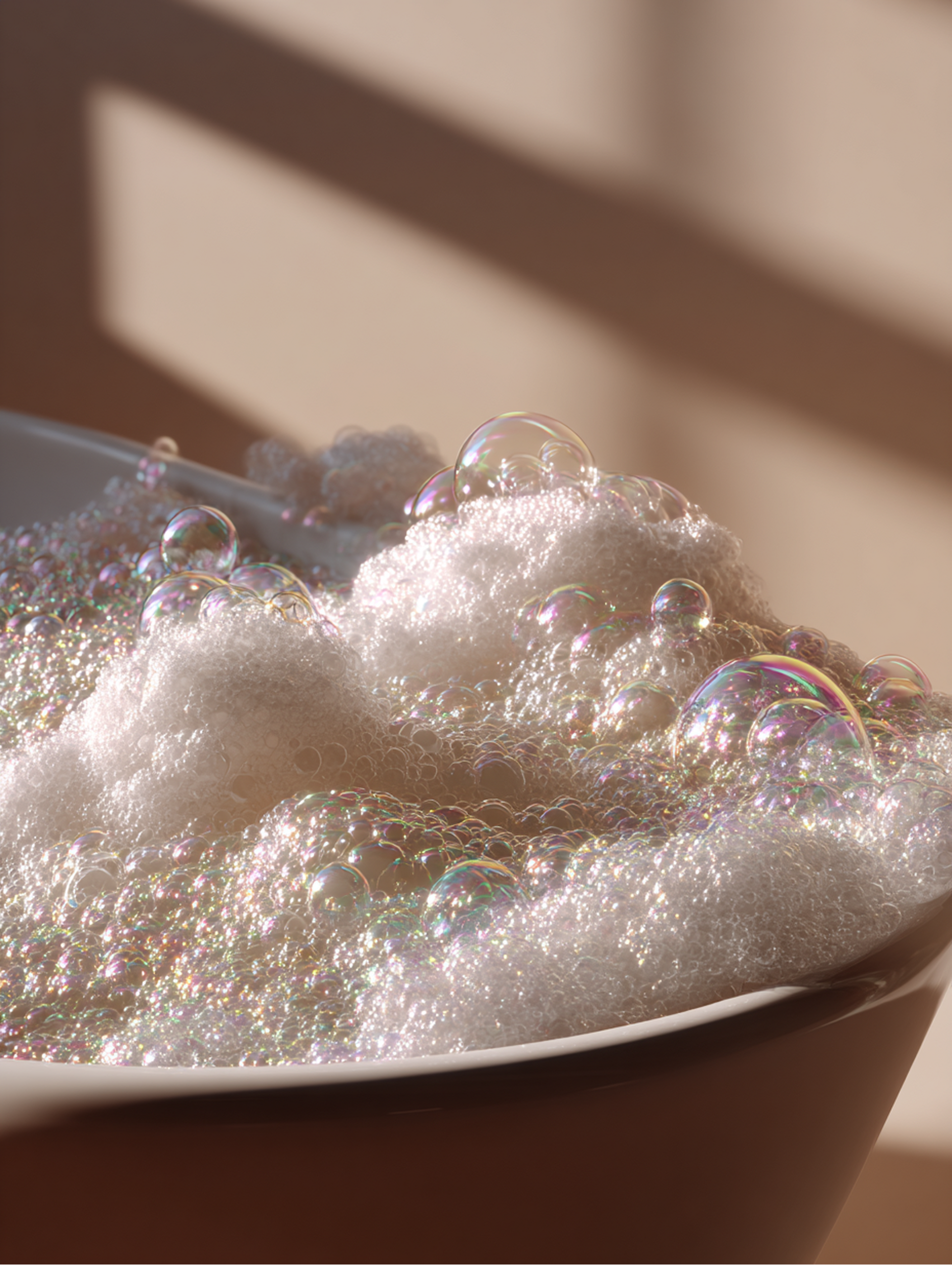 A close-up view of thick, white soap bubbles with iridescent highlights in a bowl, illuminated by soft natural light.