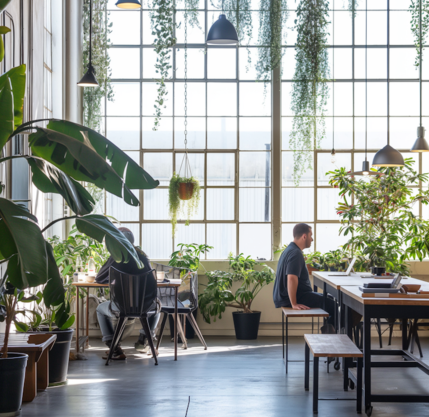 Modern plant-filled office with large windows, hanging lights, and a person working at a desk