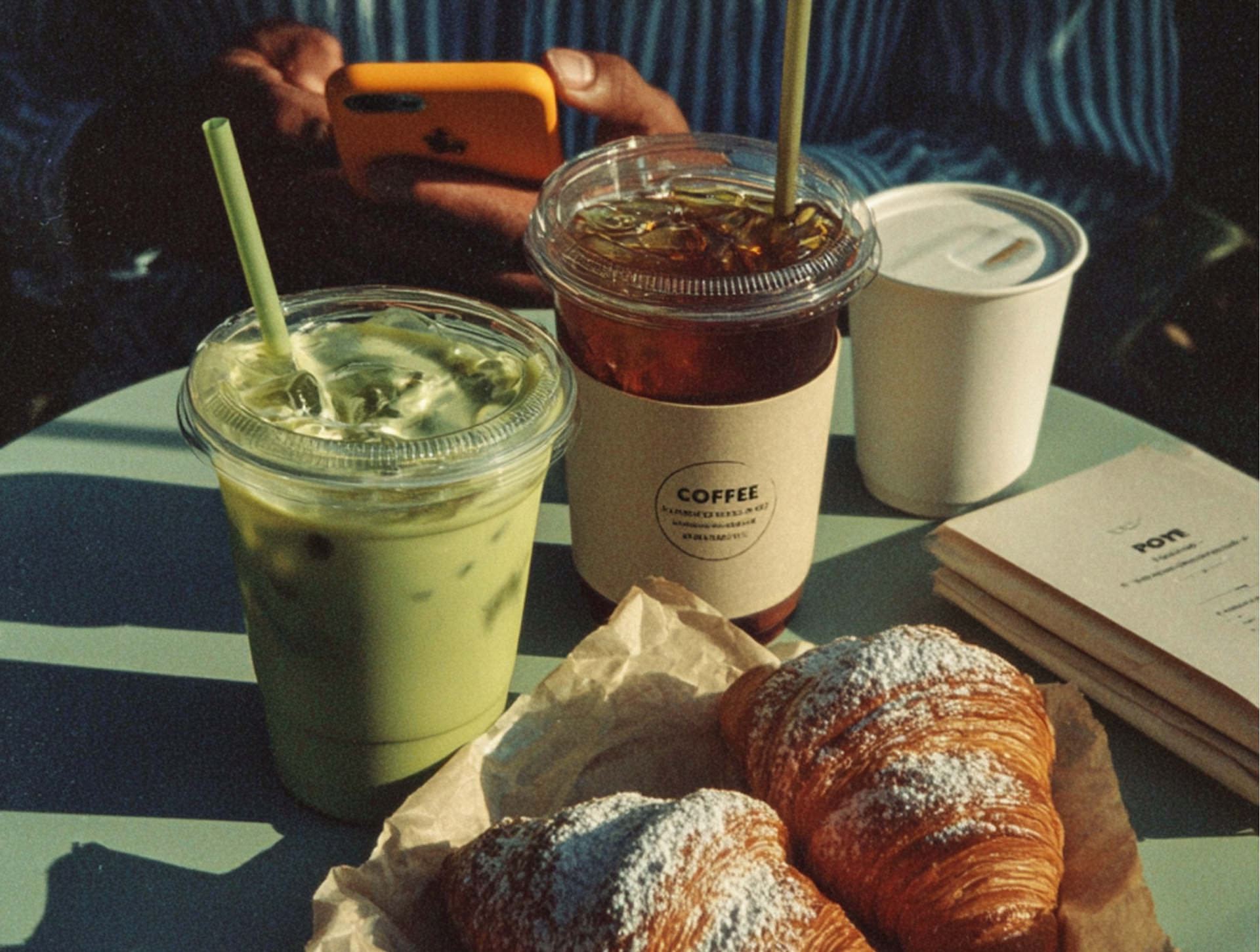 Two iced drinks, one green matcha and one coffee, sit on a table with two croissants and a book near a person with a phone.