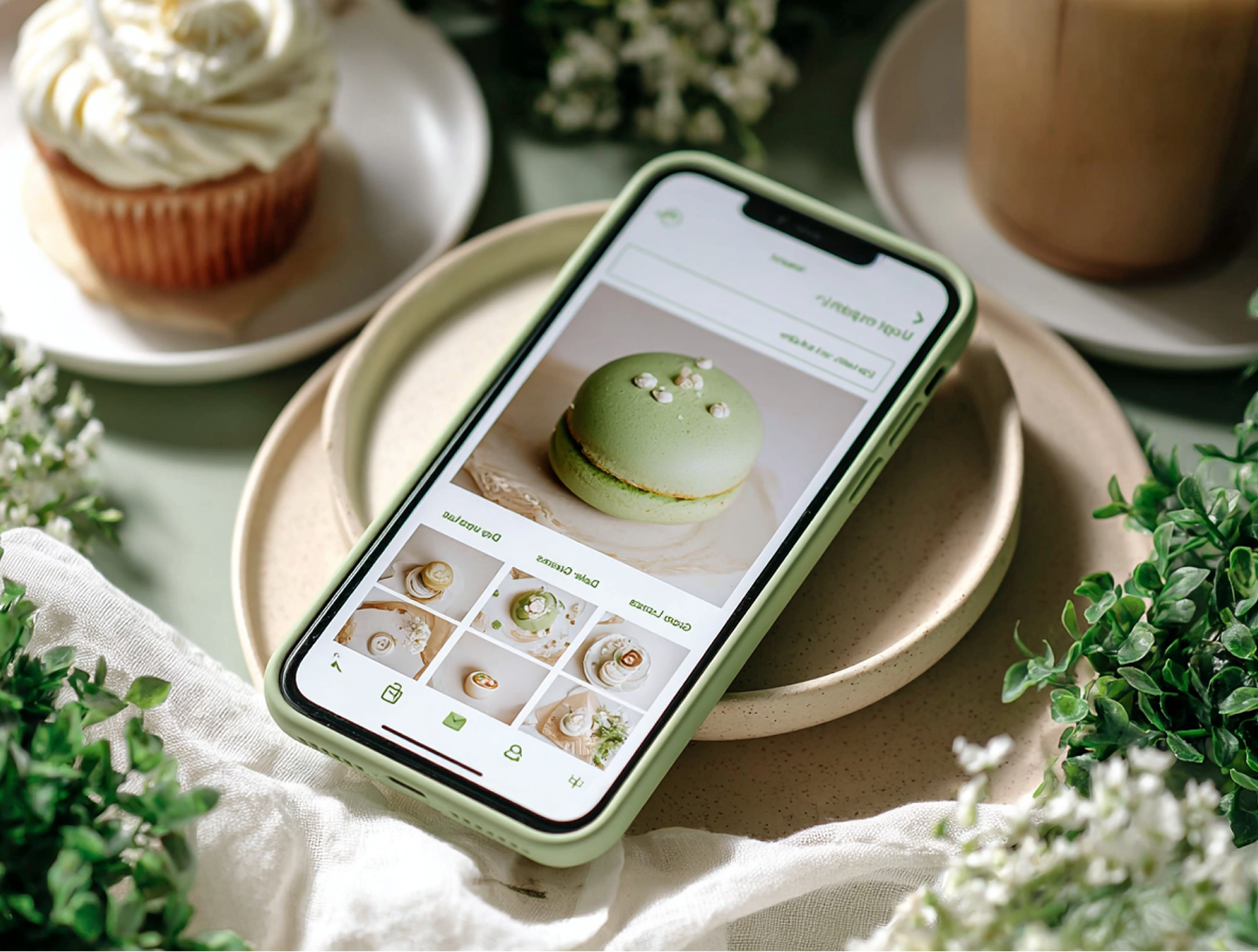 A smartphone with a food-related app screen rests on a plate next to a cupcake and a glass of iced coffee.
