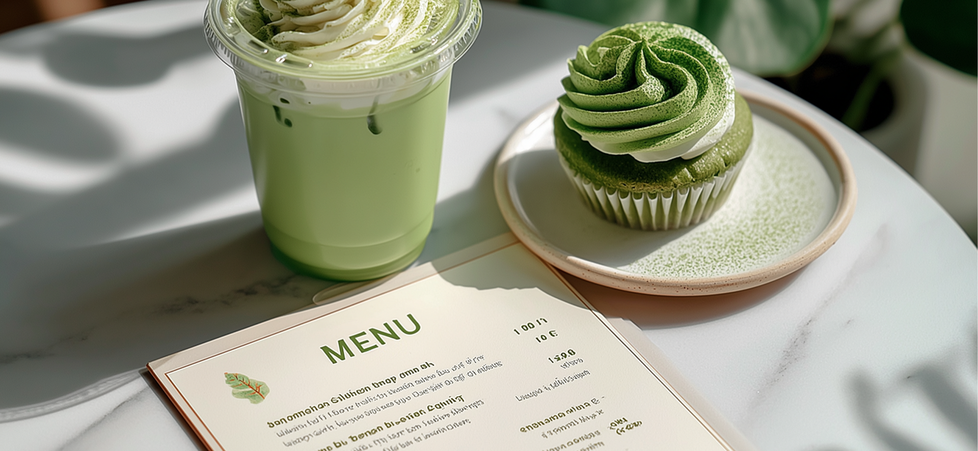 An iced matcha latte and a matching matcha cupcake on a white table next to a menu.