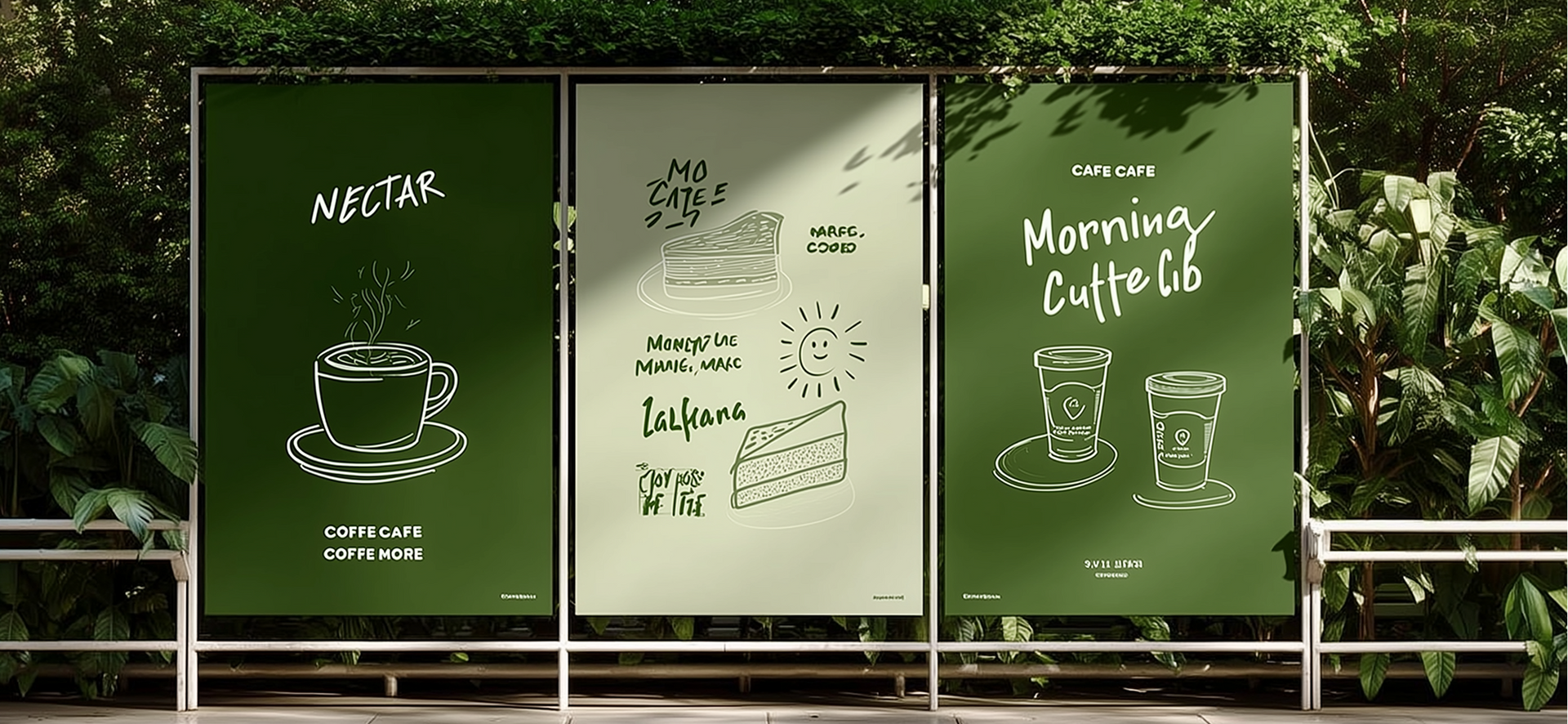Three vertical posters displayed outdoors in a lush setting, featuring white line art on dark and light green backgrounds.