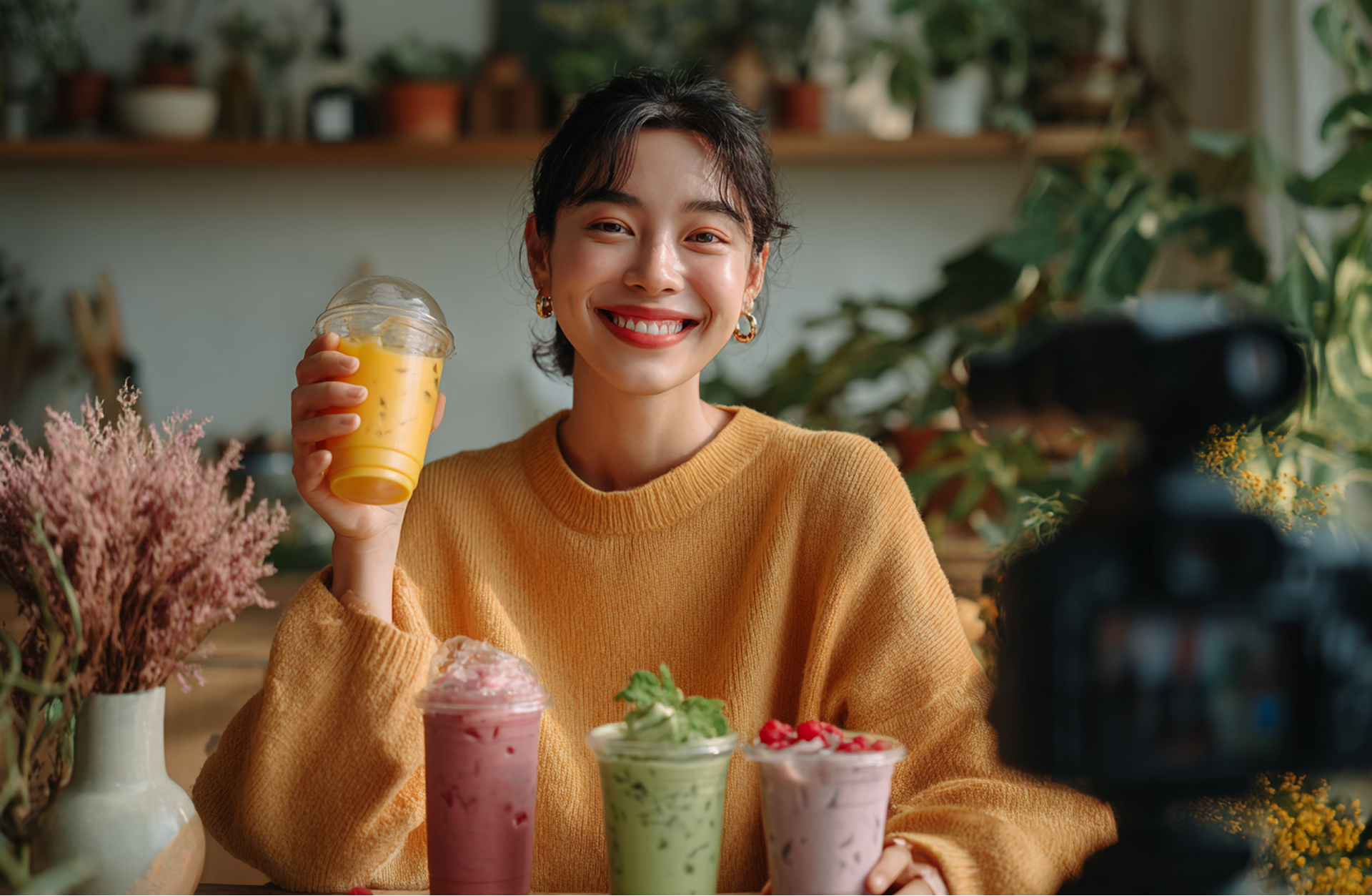 A person in a yellow sweater smiles while holding a yellow drink behind a table with three other colorful iced beverages.