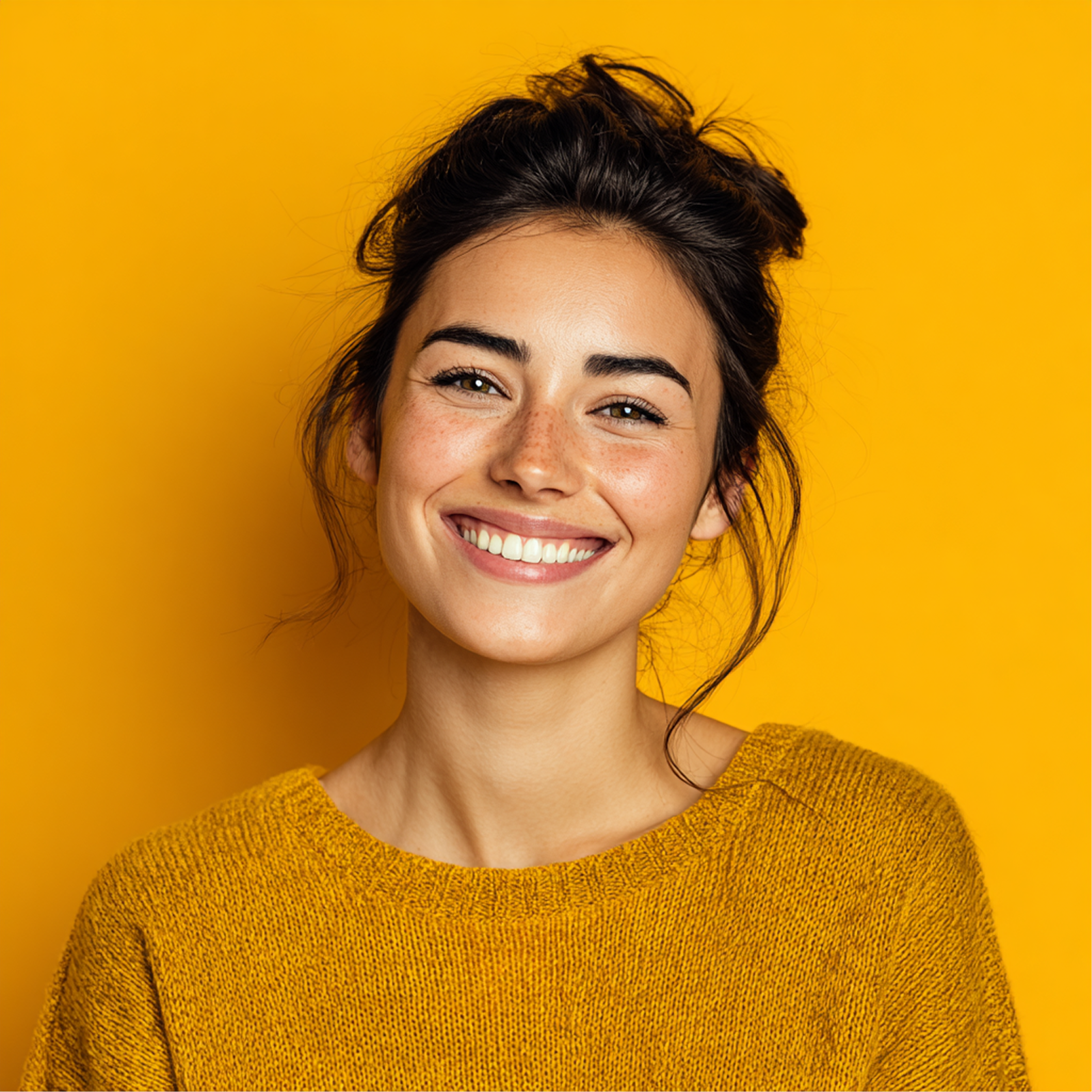 Woman with messy bun smiling, wearing a mustard sweater against a yellow background.
