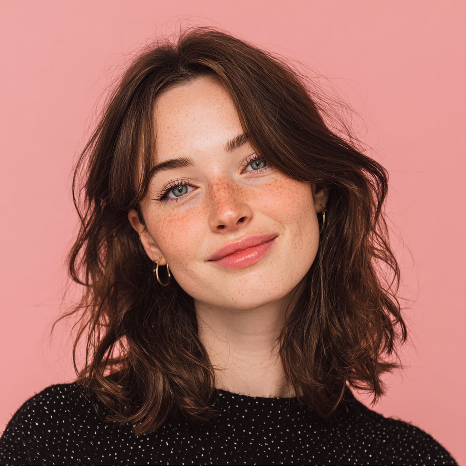 Woman with brown hair and freckles smiles at the camera against a pink background.