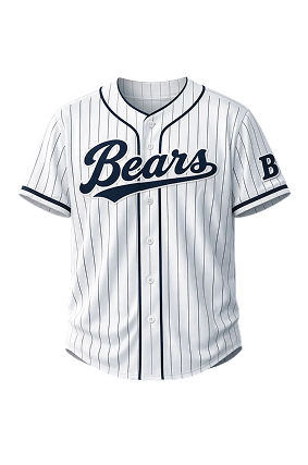Weißes, nadelgestreiftes Baseballtrikot der Chicago Bears mit marineblauem Besatz und Schriftzug-Logo.