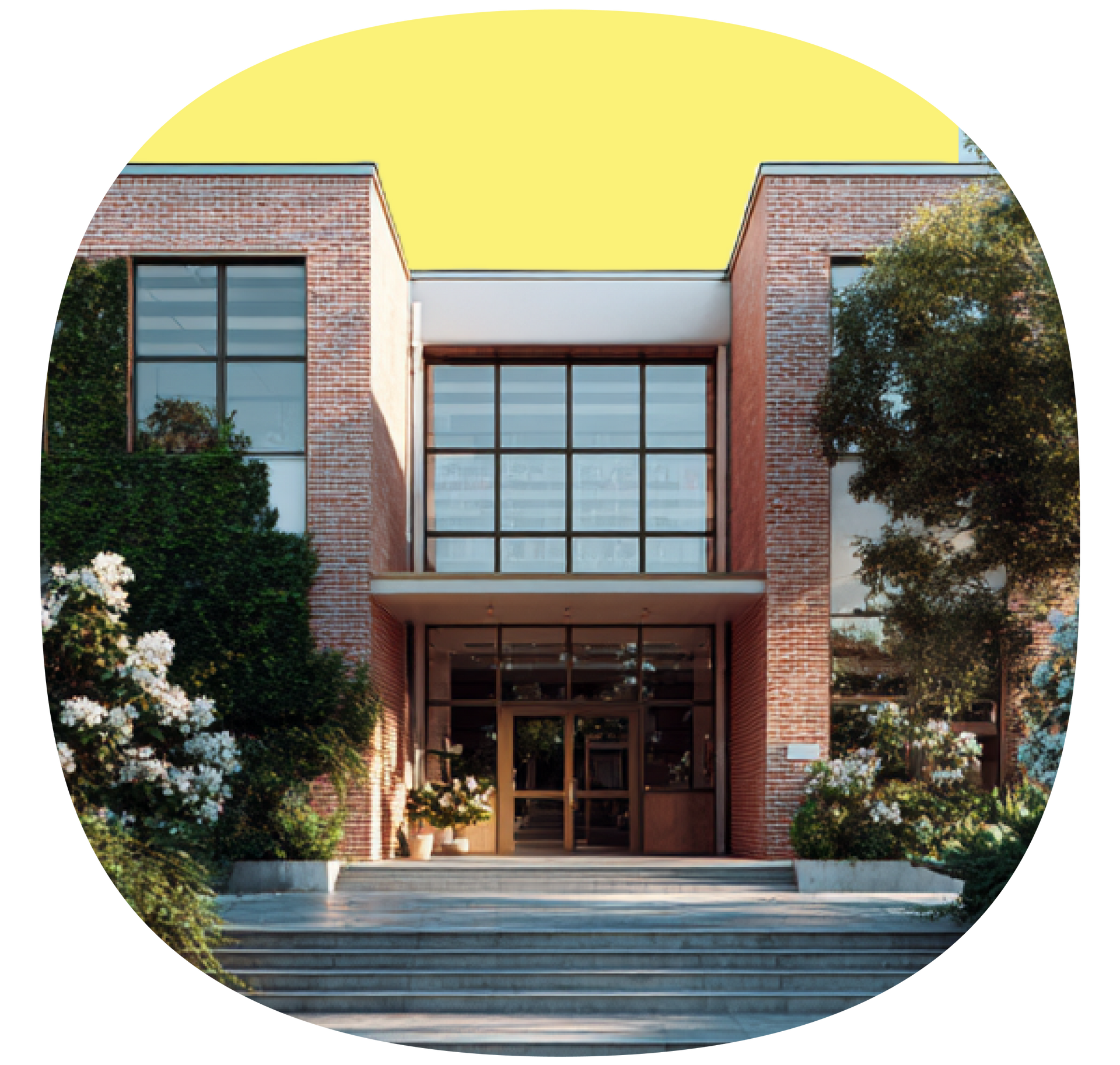 Modern brick building entrance with glass facade, steps, and trees under a yellow sky