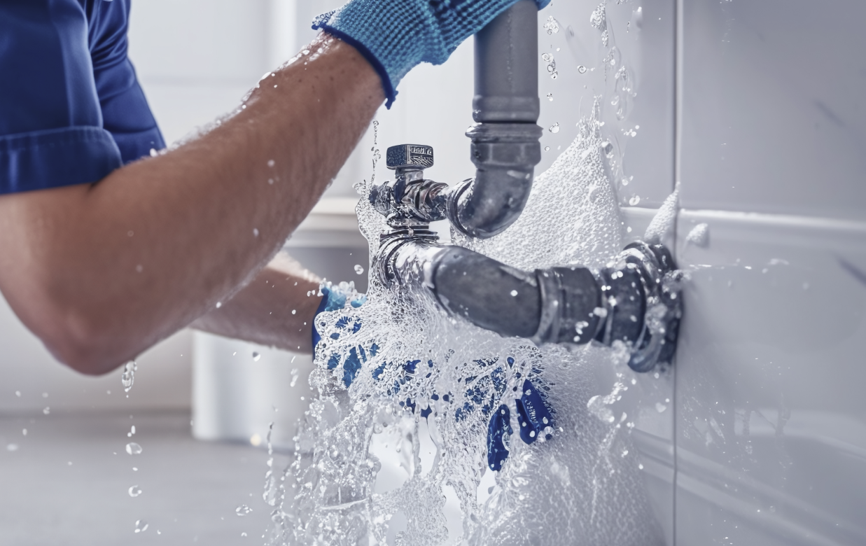 Plumber tightening a pipe fitting as water sprays against a white wall and sink.