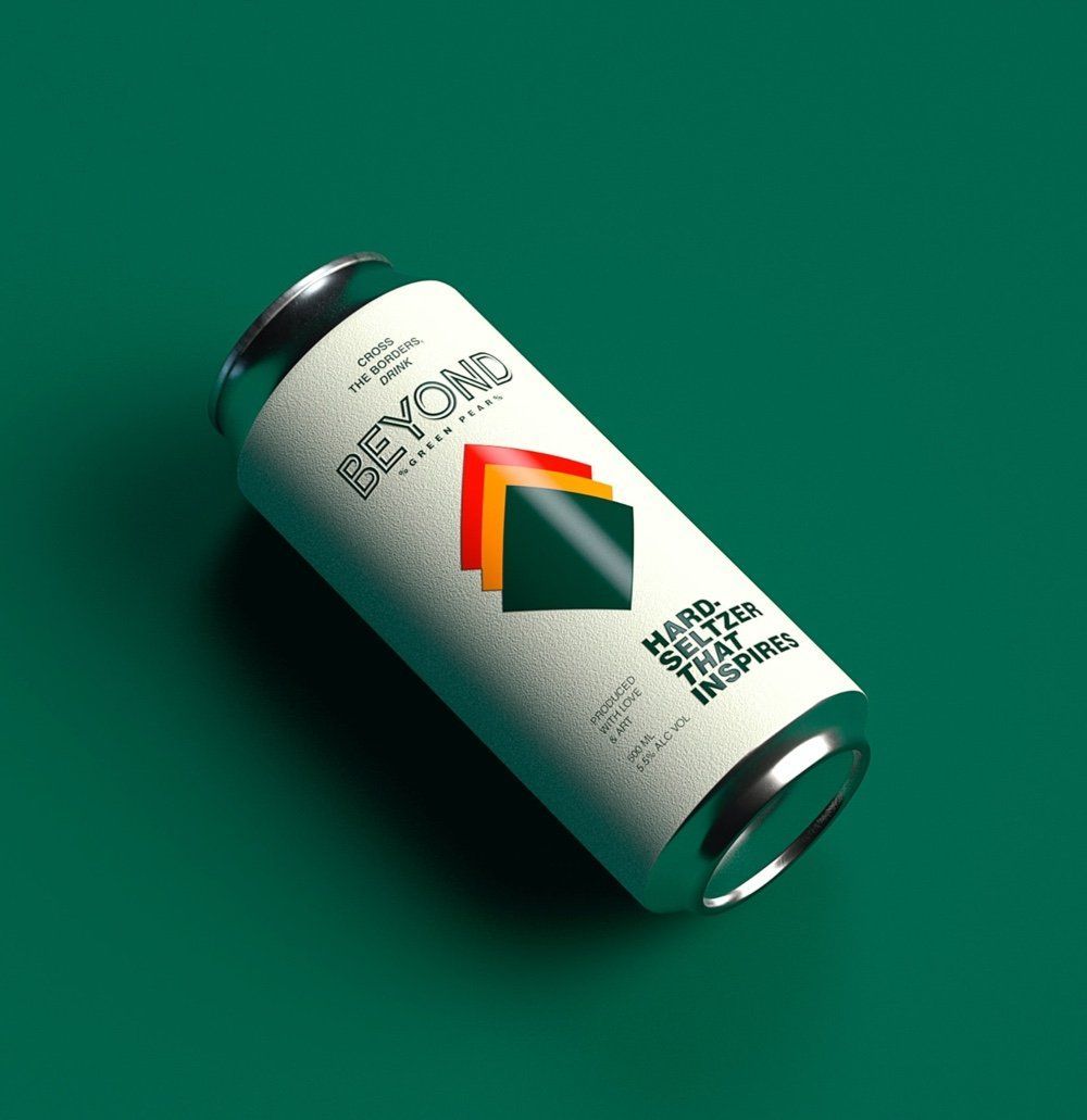 Can of Beyond Classic Paints, white label, stacked colored squares, green background.