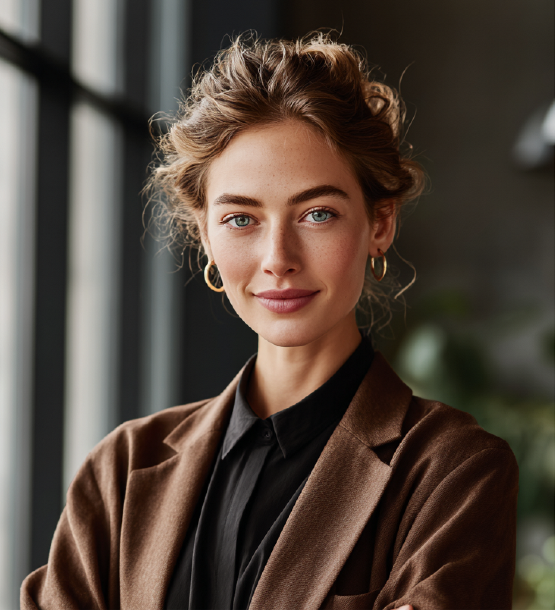 A person with wavy hair and gold hoop earrings wears a black collared shirt under a brown blazer, looking at the camera.