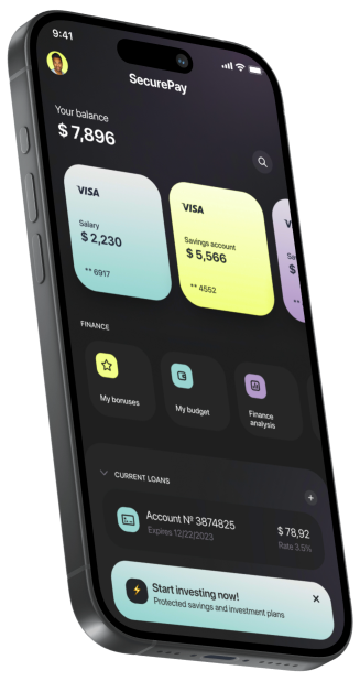 Smarttelefon som viser en finansapp med kontosaldoer og transaksjonsdetaljer, på svart bakgrunn.