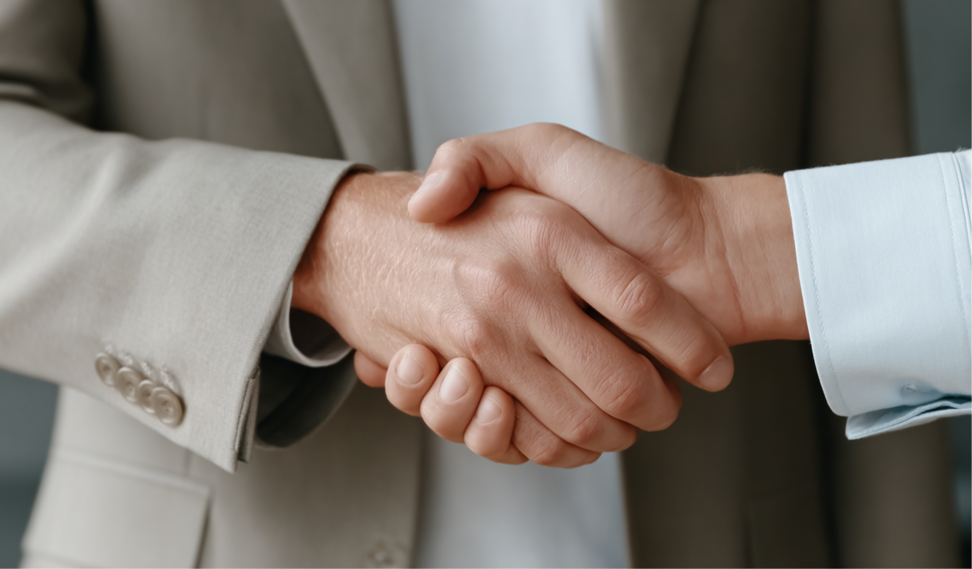 Two people shaking hands, formal wear, likely a business setting.