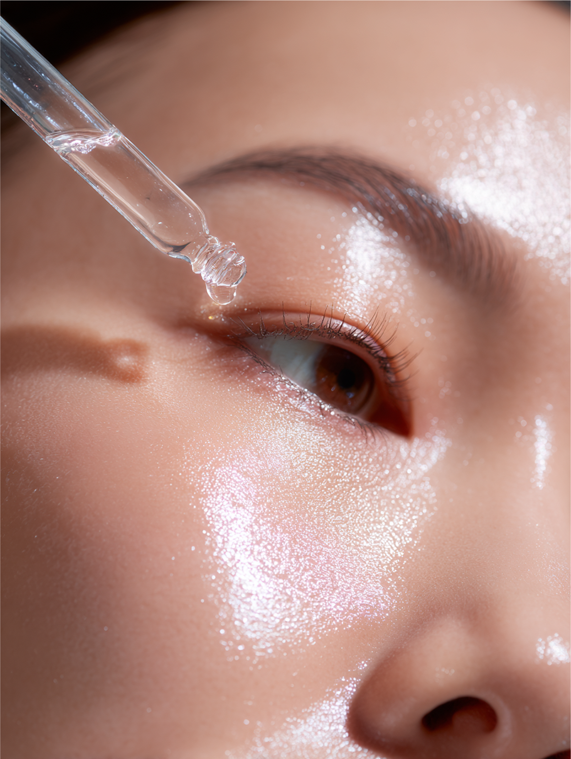 Close-up of a person applying serum with a dropper near their eye; skin is glowing and dewy.