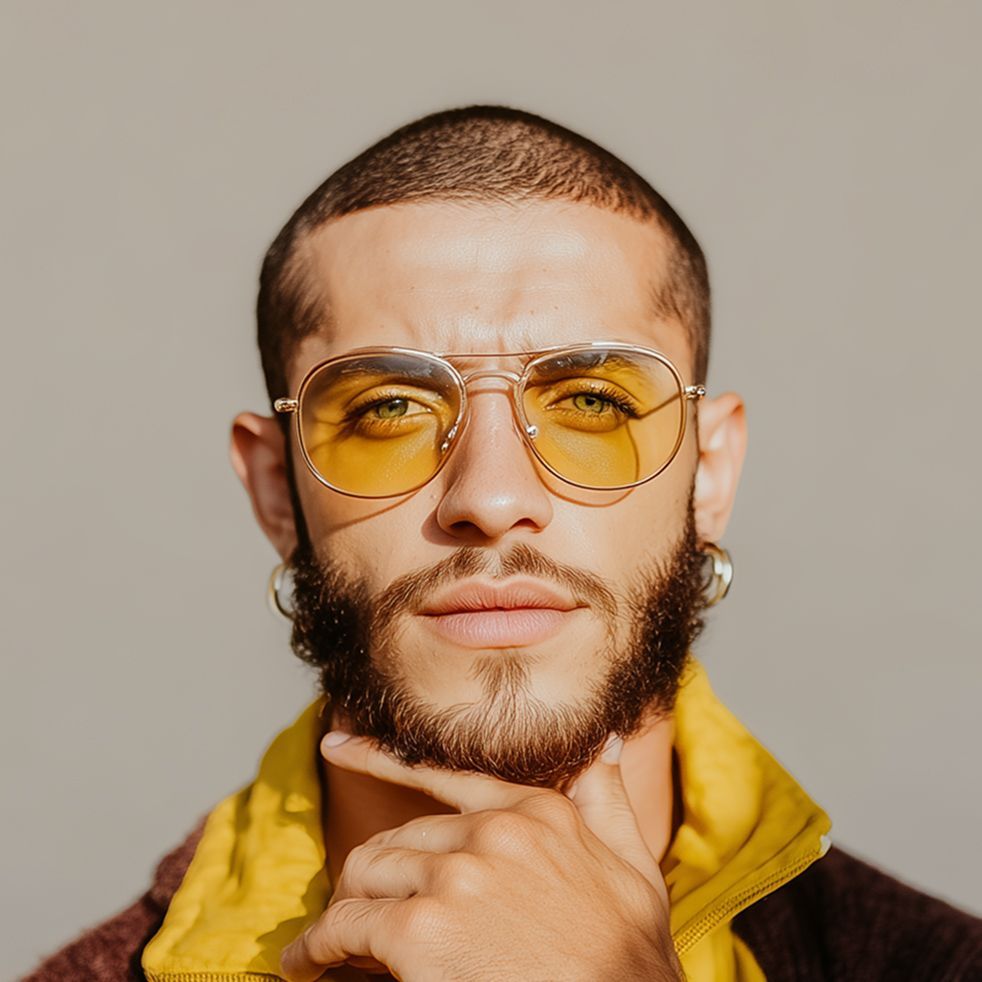 Man with short hair, beard, yellow-tinted glasses, and a hand under his chin, looking at the camera.