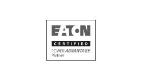 Eaton Certified PowerAdvantage Partner logo, black text on white background.