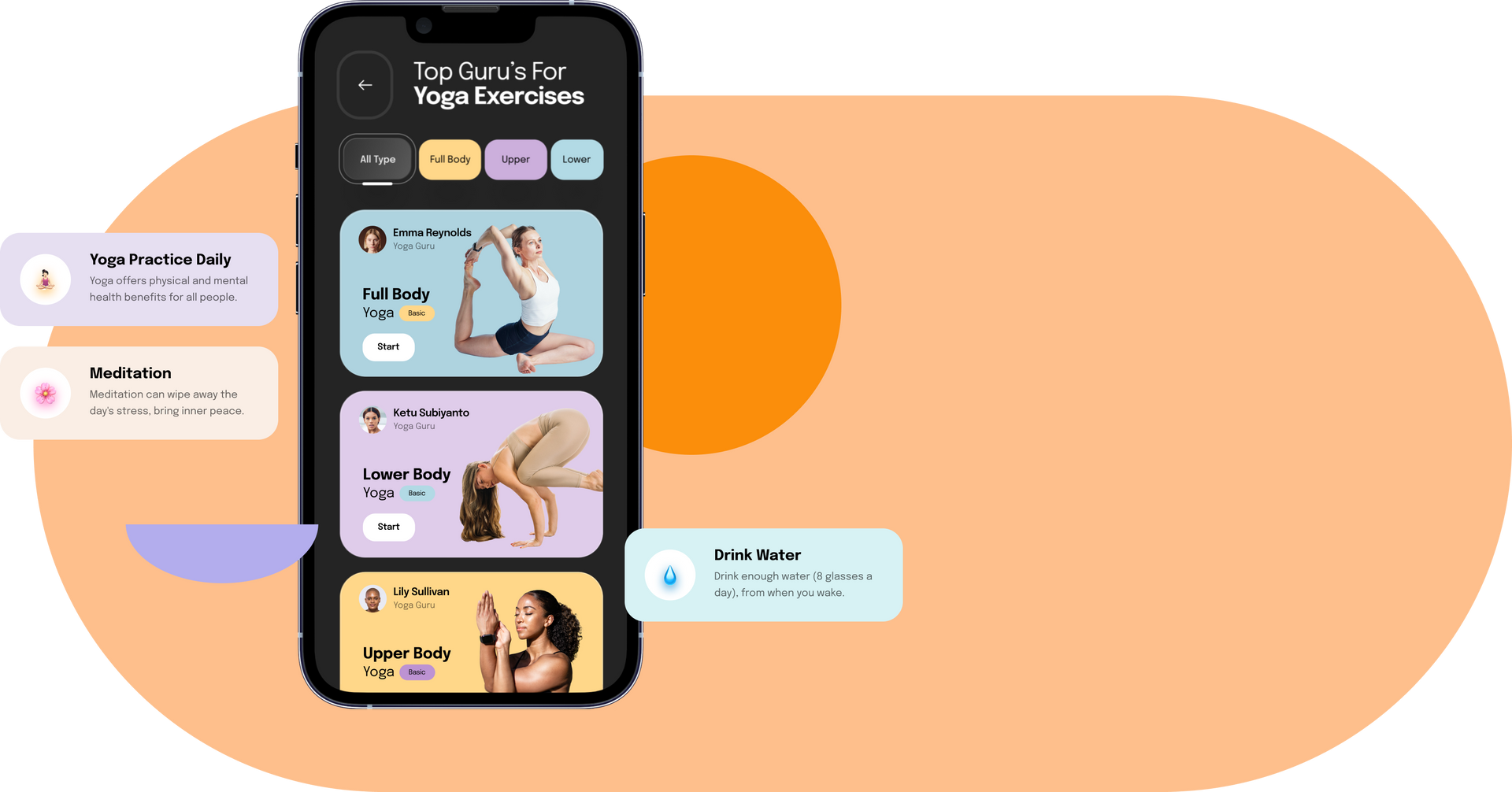 Smartphone displaying yoga class options with user interface elements on an orange background.