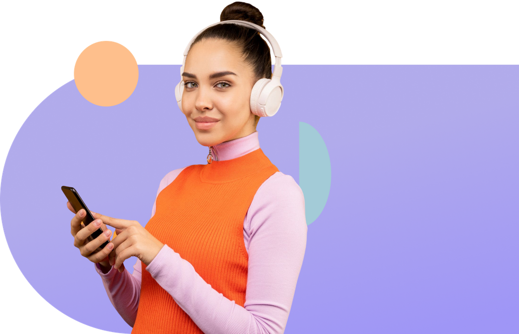 Woman wearing headphones, holding a phone, smiling. Orange and purple background.