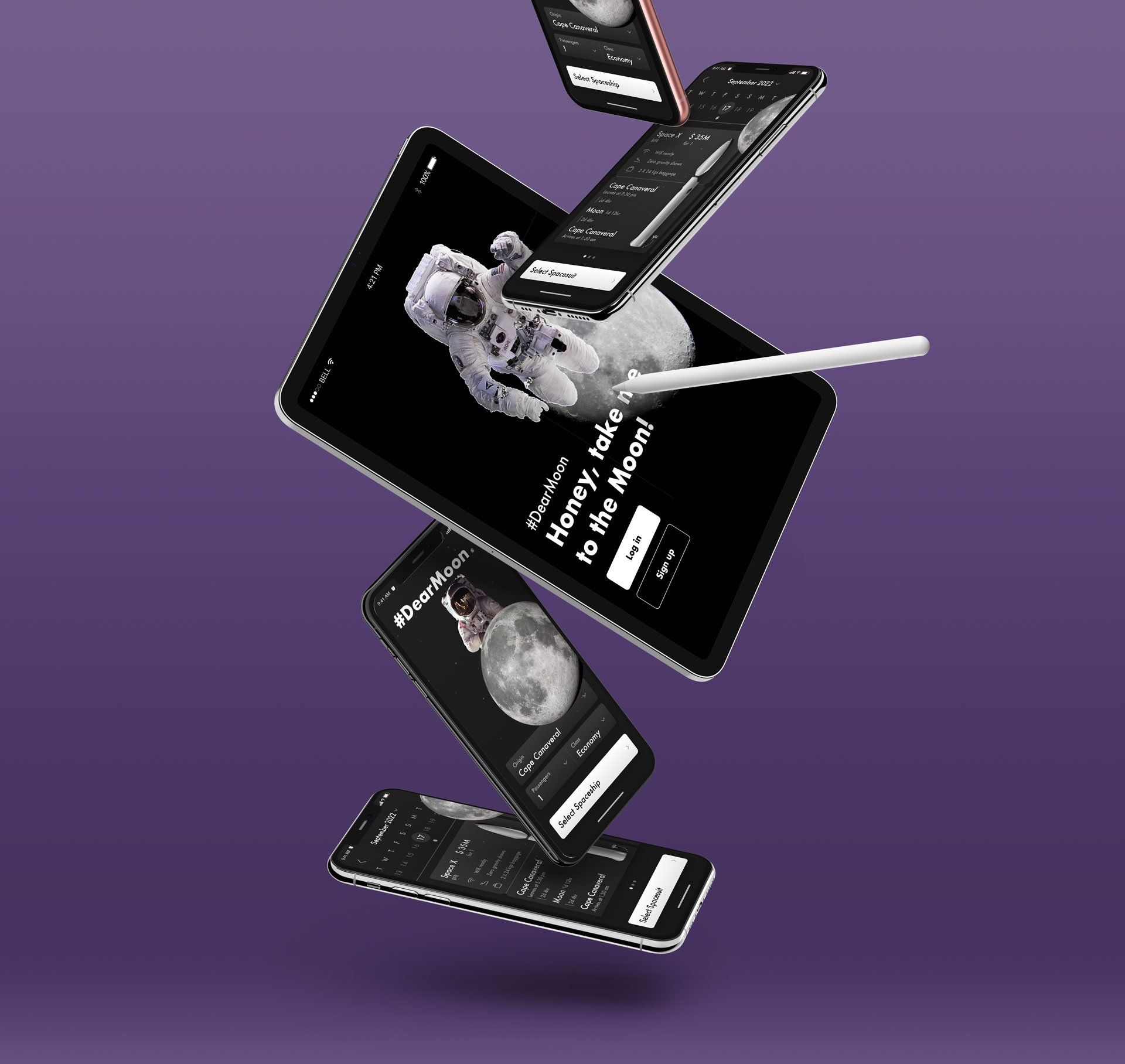 Several devices, including tablets and phones, displaying a space-themed app against a purple background.