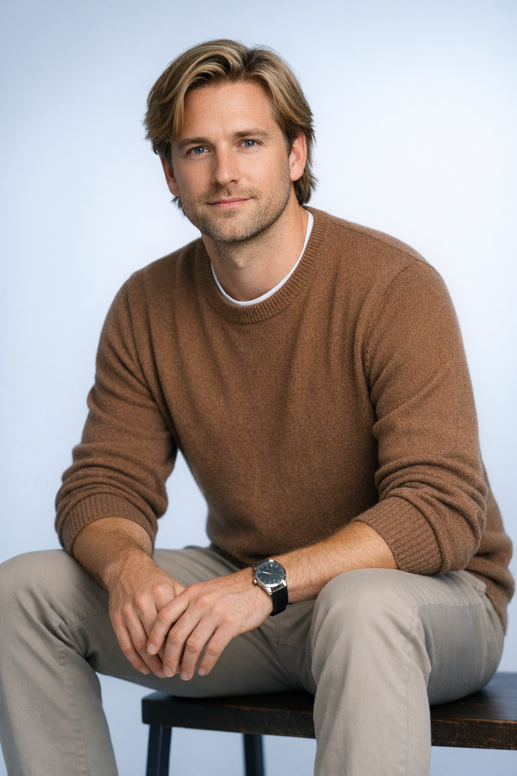 Man seated on a stool in a brown sweater and beige pants against a light studio backdrop.
