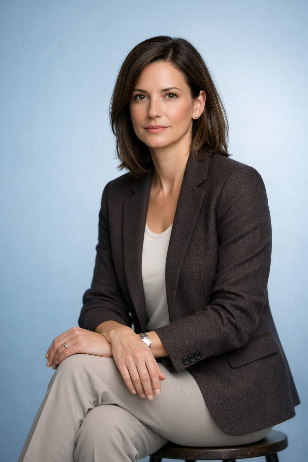 Woman seated on a stool in a dark blazer and light pants against a blue studio backdrop