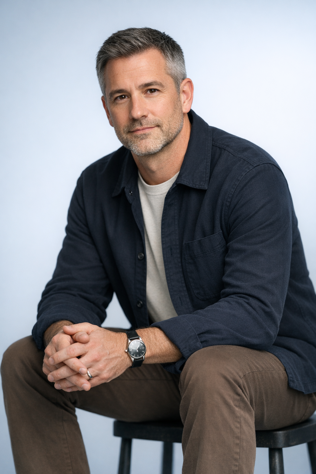 Seated man in a navy shirt and brown pants, posing against a light gray studio background