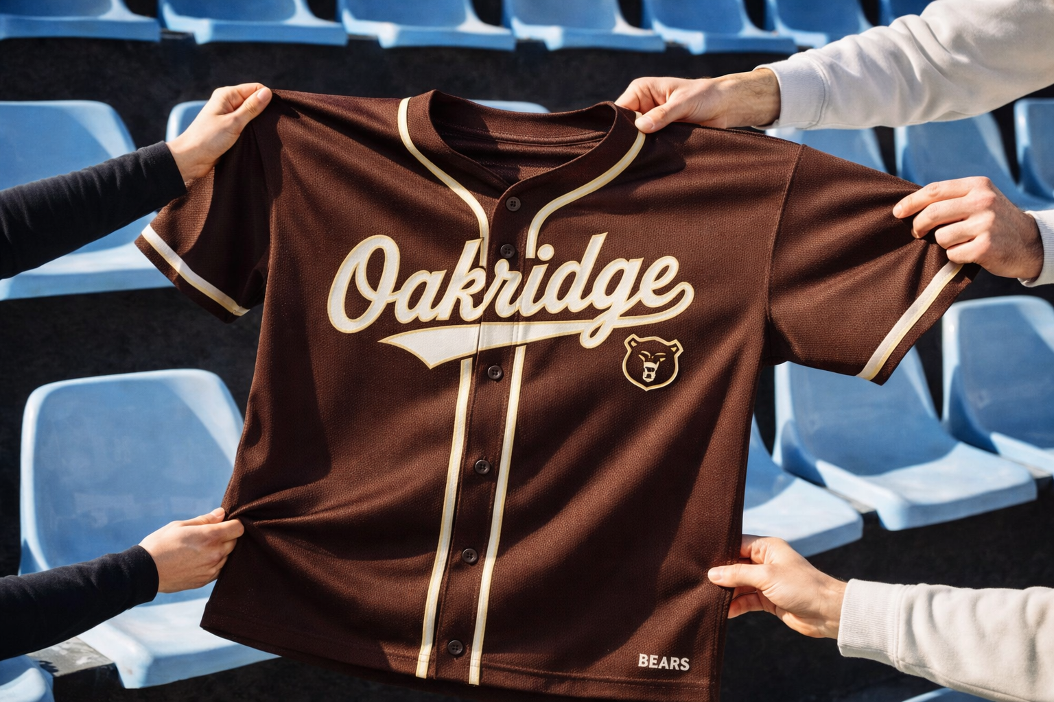 Hands holding up a brown Oakridge baseball jersey in a stadium seating area