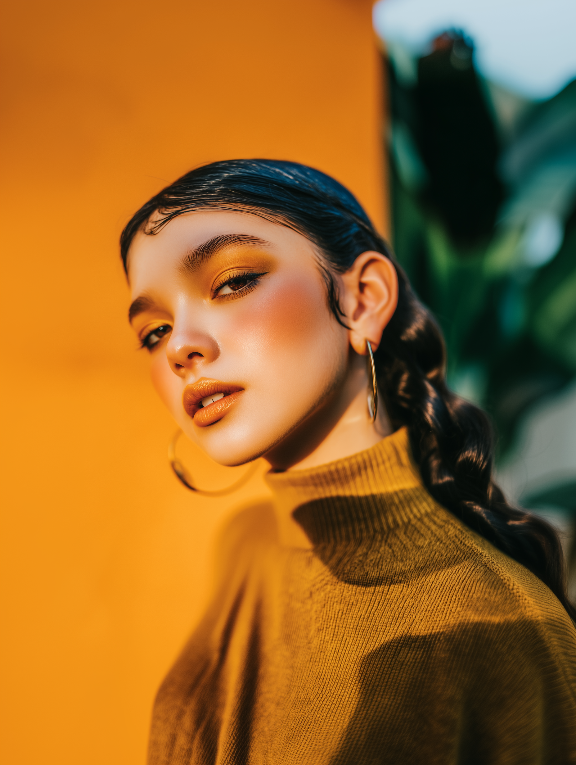 Ritratto di una persona con un maglione color senape su uno sfondo arancione caldo, con capelli intrecciati e illuminazione soffusa.