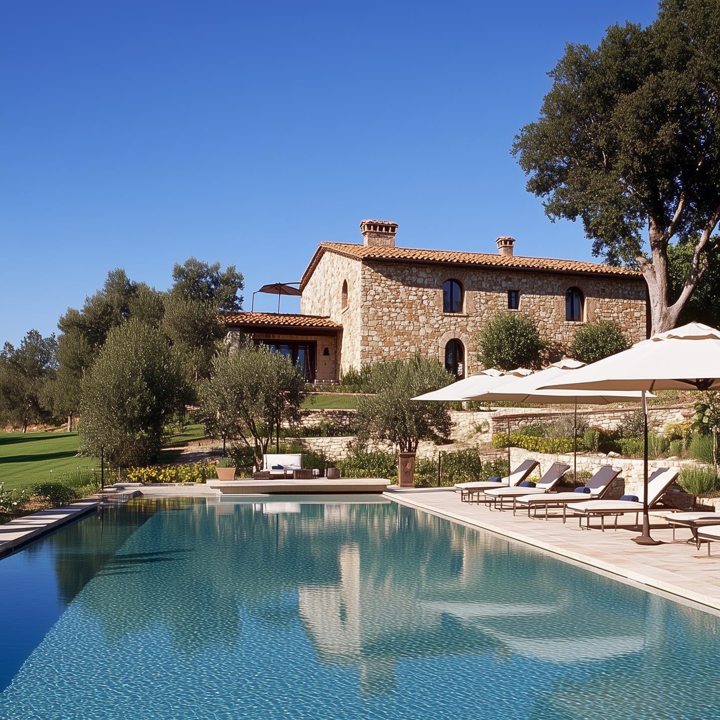 Stone villa with pool, lounge chairs, and umbrellas under a clear blue sky.