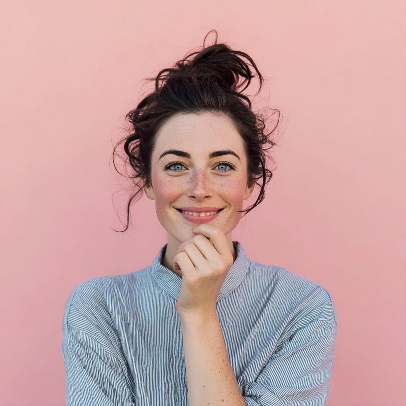 Smiling person with dark hair in a top bun, resting chin on hand against a pink background