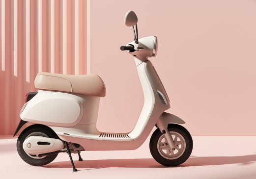 Cream-colored scooter with tan seat on a pink background, shown in side view